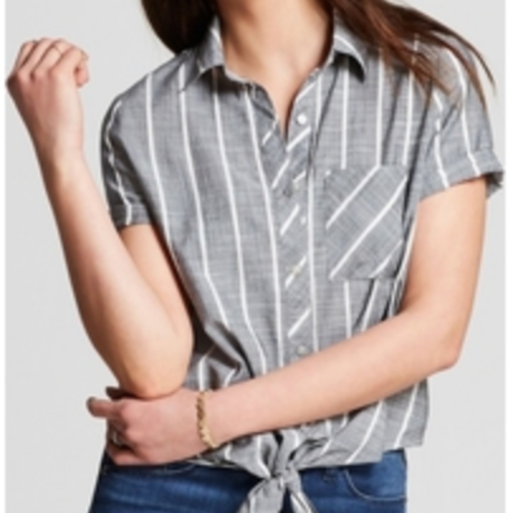 Short Sleeve Striped Tie Front Button-Down